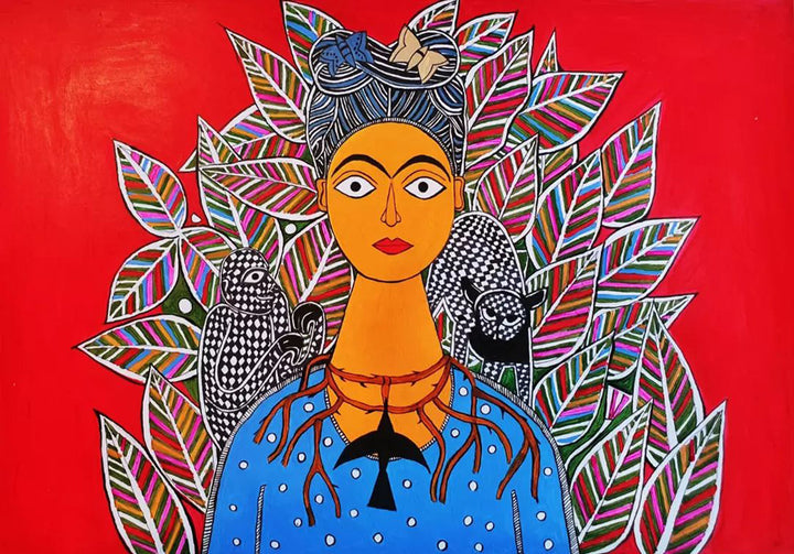 Frida Kahlo with Cat and Monkey in Madhubani By Izhar Ansari Thumbnail