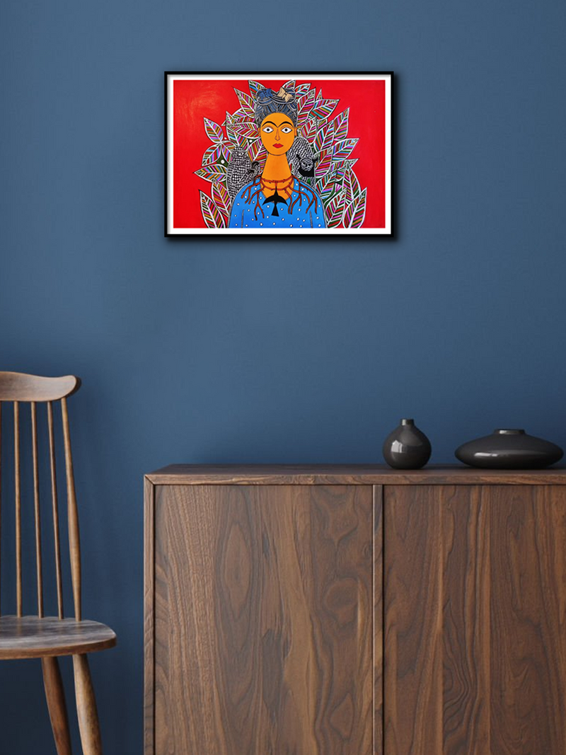 Frida Kahlo with Cat and Monkey in Madhubani By Izhar Ansari for sale