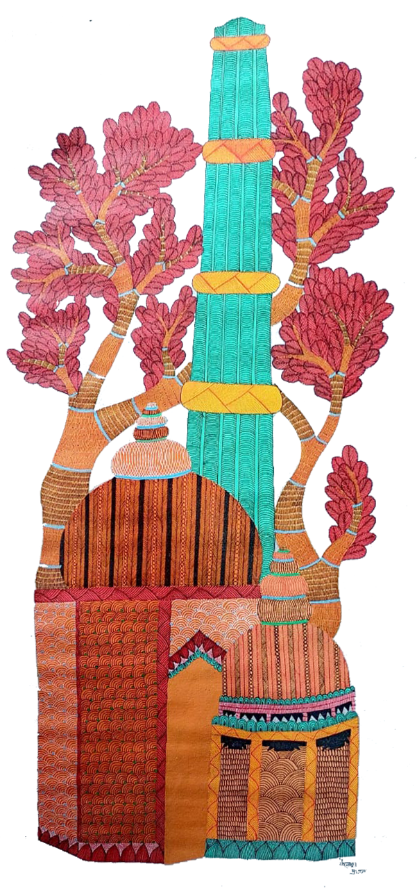 Buildings and trees in Gond by Kailash Pradhan