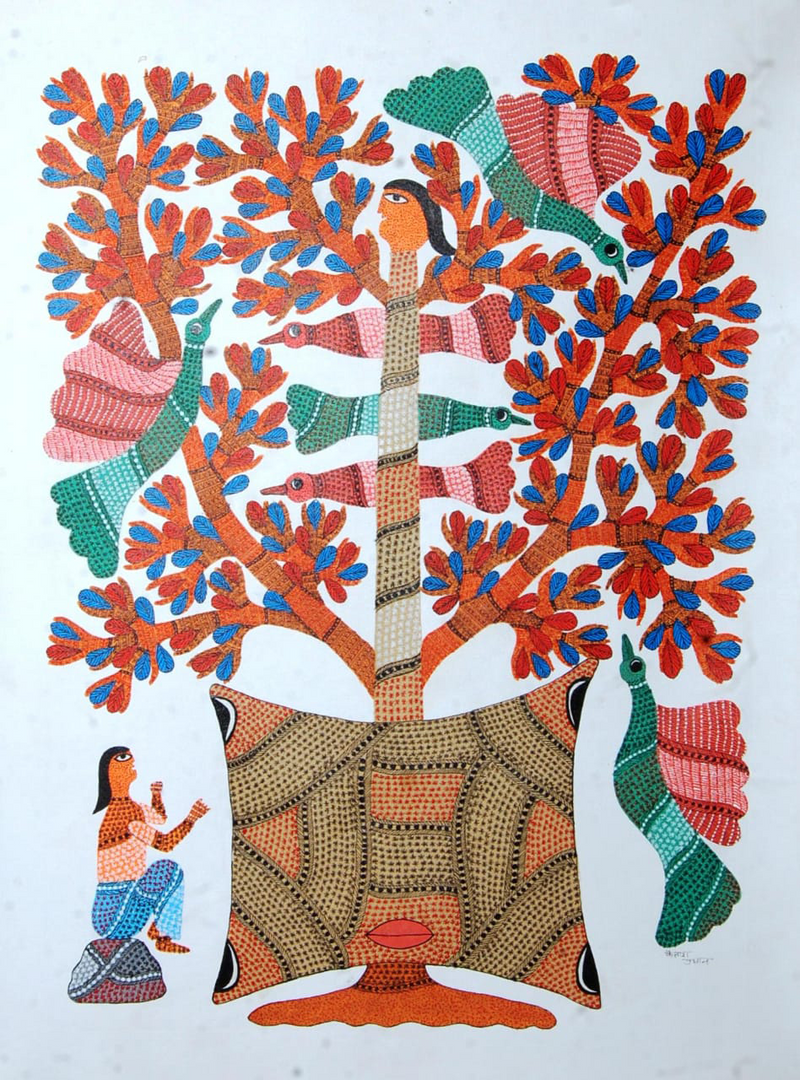 Human-like tree with birds and man: Gond by Kailash Pradhan