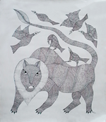 Depiction of lion with birds: Gond by Kailash Pradhan