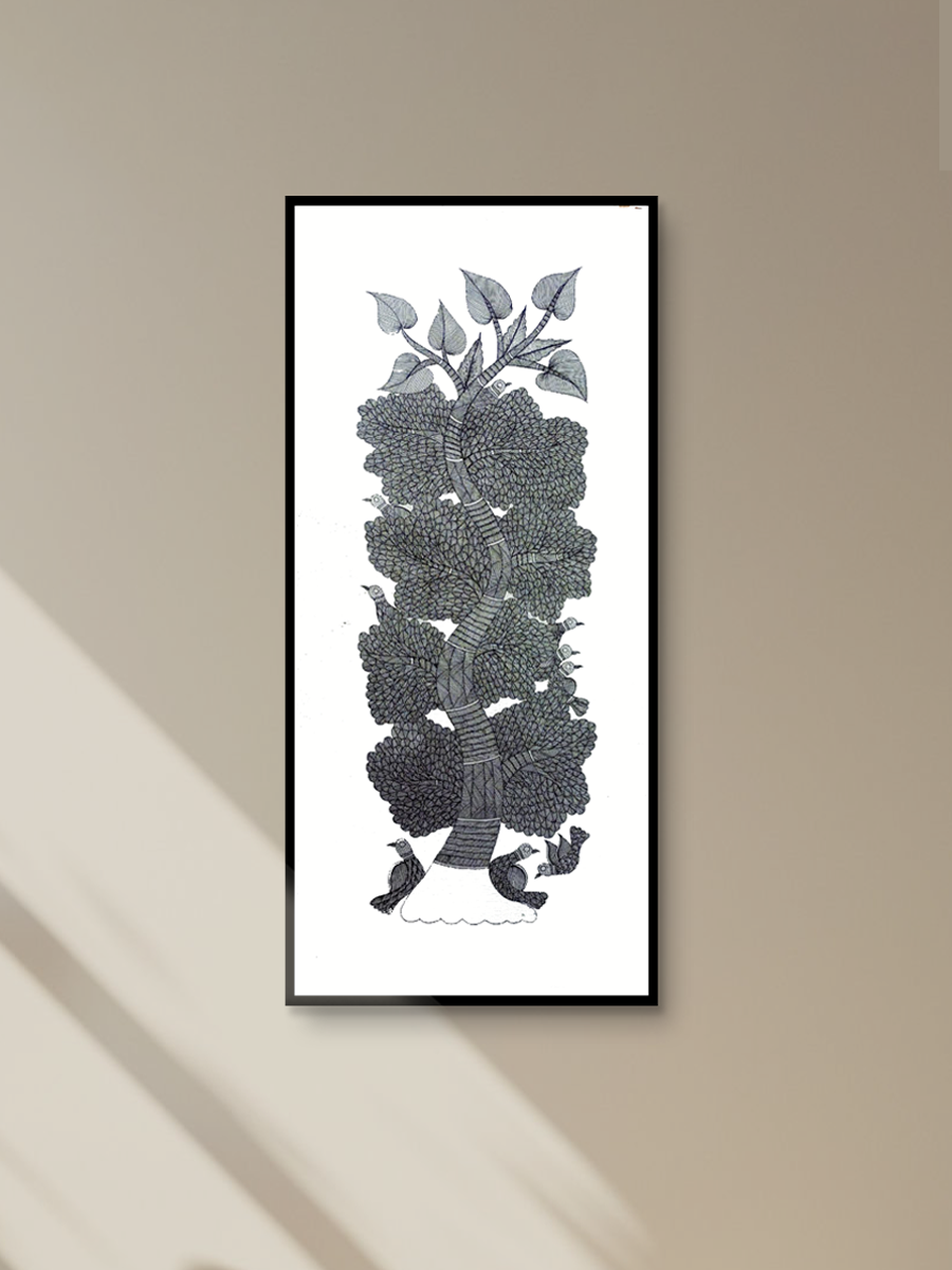 Black and white tree with birds: Gond by Kailash Pradhan for Sale
