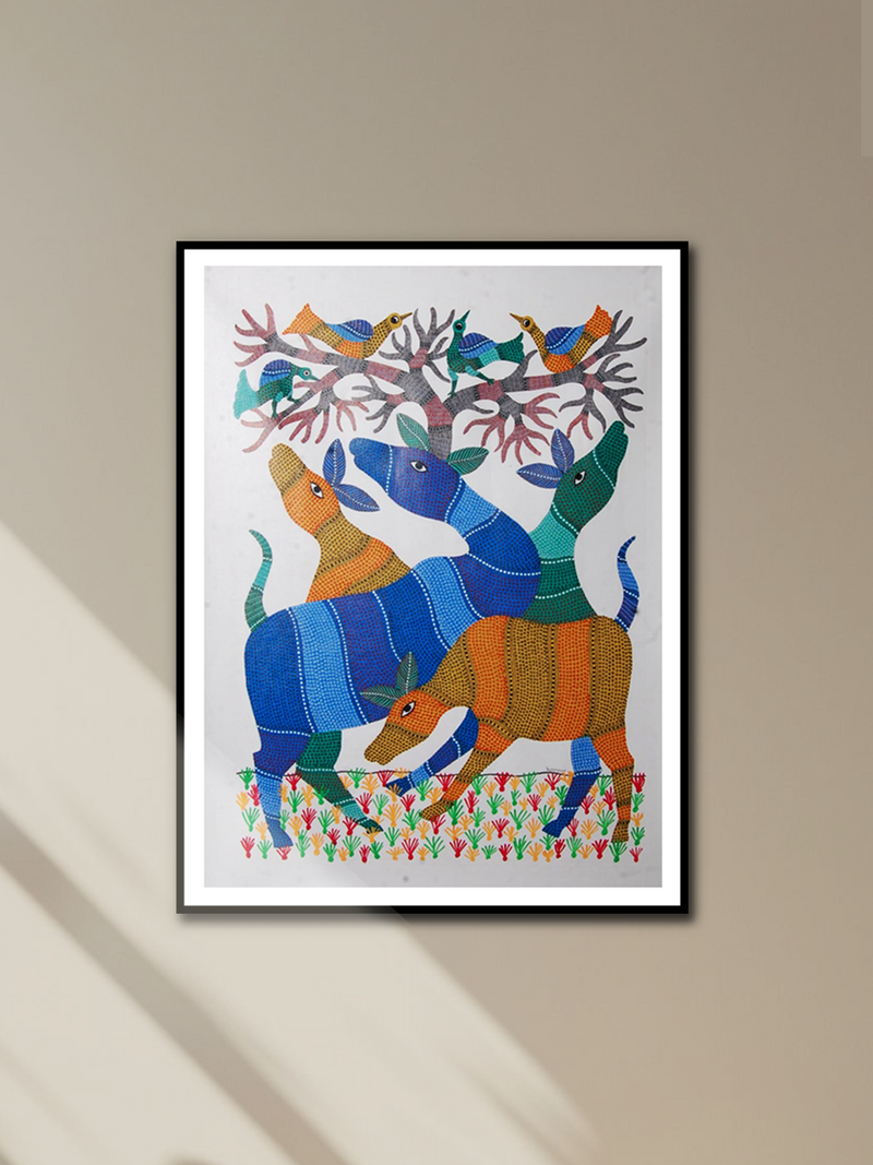 buy Vibrant deer with tree and birds: Gond by Kailash Pradhan