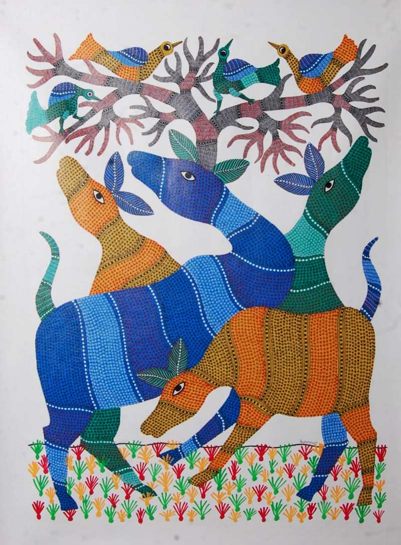 Vibrant deer with tree and birds: Gond by Kailash Pradhan