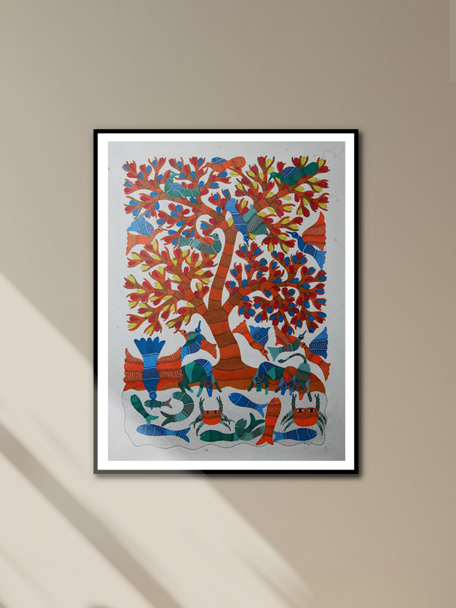 Radiant tree with birds and fishes: Gond by Kailash Pradhan