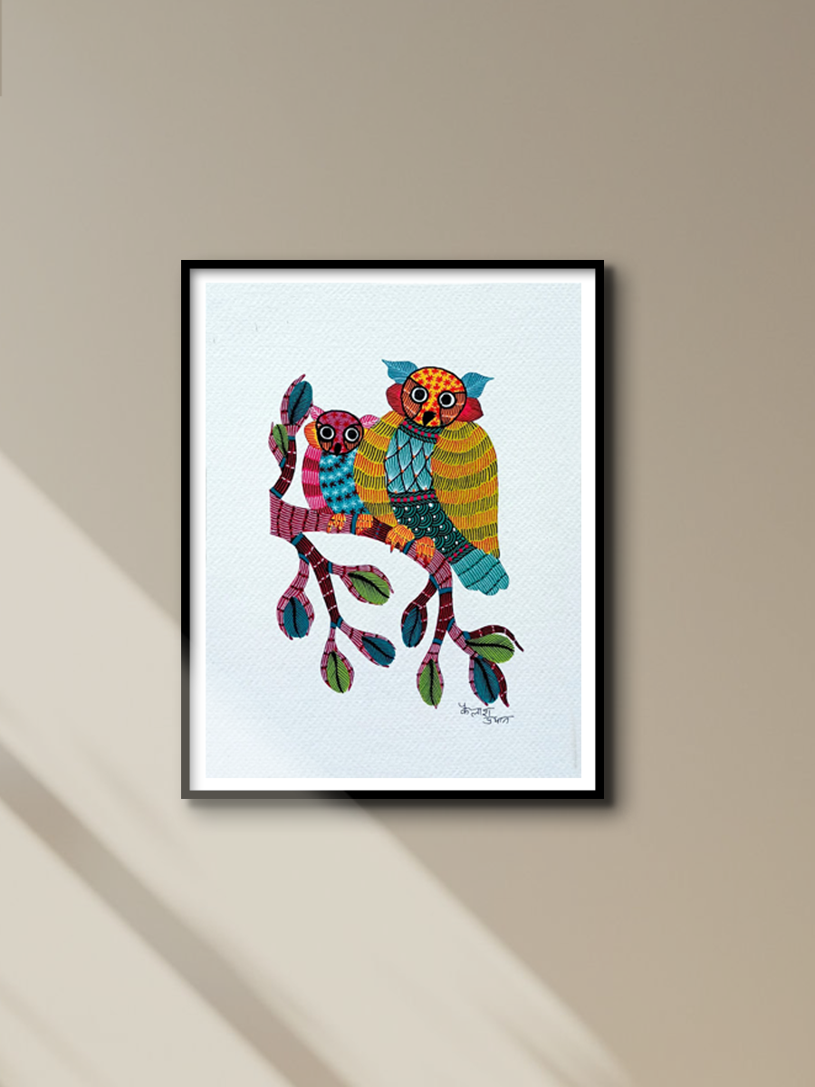 Two Owls in Gond art by Kailash Pradhan for sale