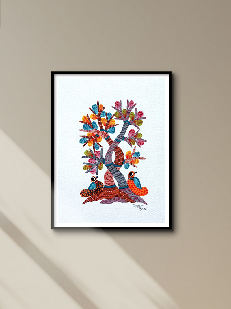 Two Birds and the Tree: Gond art by Kailash Pradhan for sale