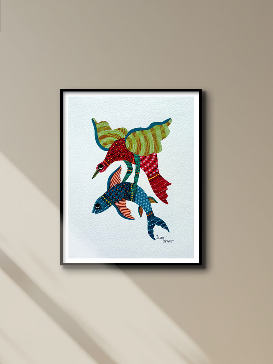 The fish and the Bird: Gond art by Kailash Pradhan for sale