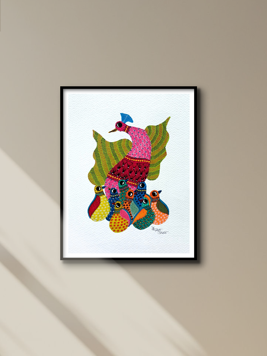 Peacock and Young Birds in Gond Artwork by Kailash Pradhan for sale