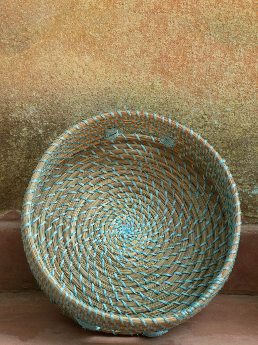 Shop Basket with light blue hues: Sabai Grass Work by Gouri Mohapatra