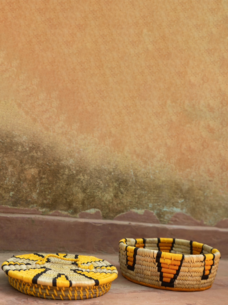 Order Basket with yellow blocks: Sabai Grass Work by Gouri Mohapatra