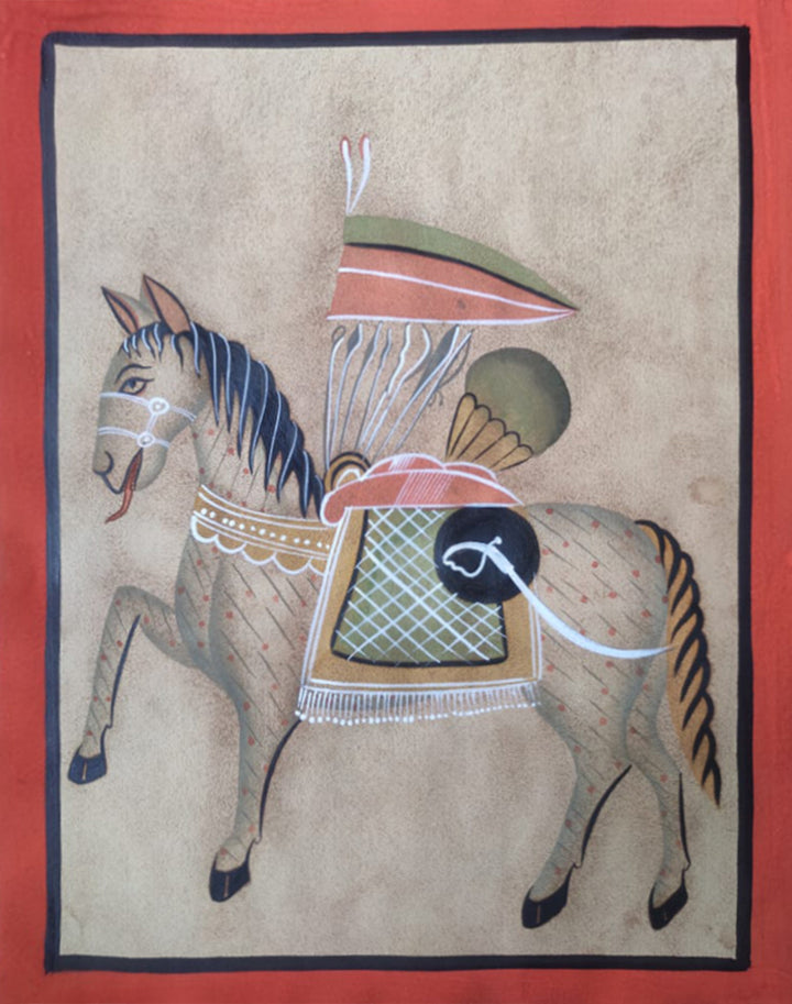 Gallop into Tradition: Kalighat Splendor - A Warrior's Horse, Kalighat style by Hasir Chitrakar Thumbnail