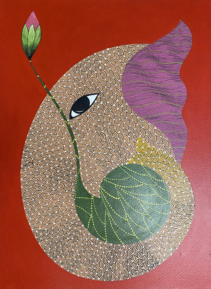 Lord Ganesha with Lotus Bud in Gond Painting by Venkat Shyam Thumbnail