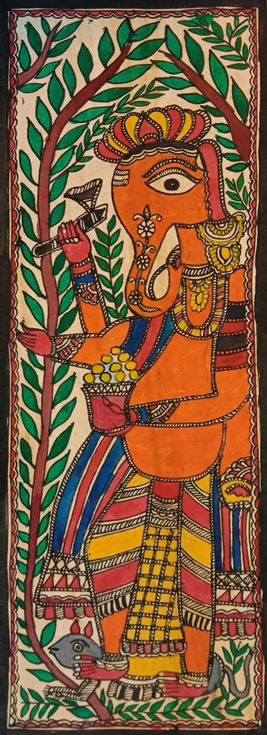 Madhubani Painting of Ganesha in Greens by Ambika Devi Thumbnail