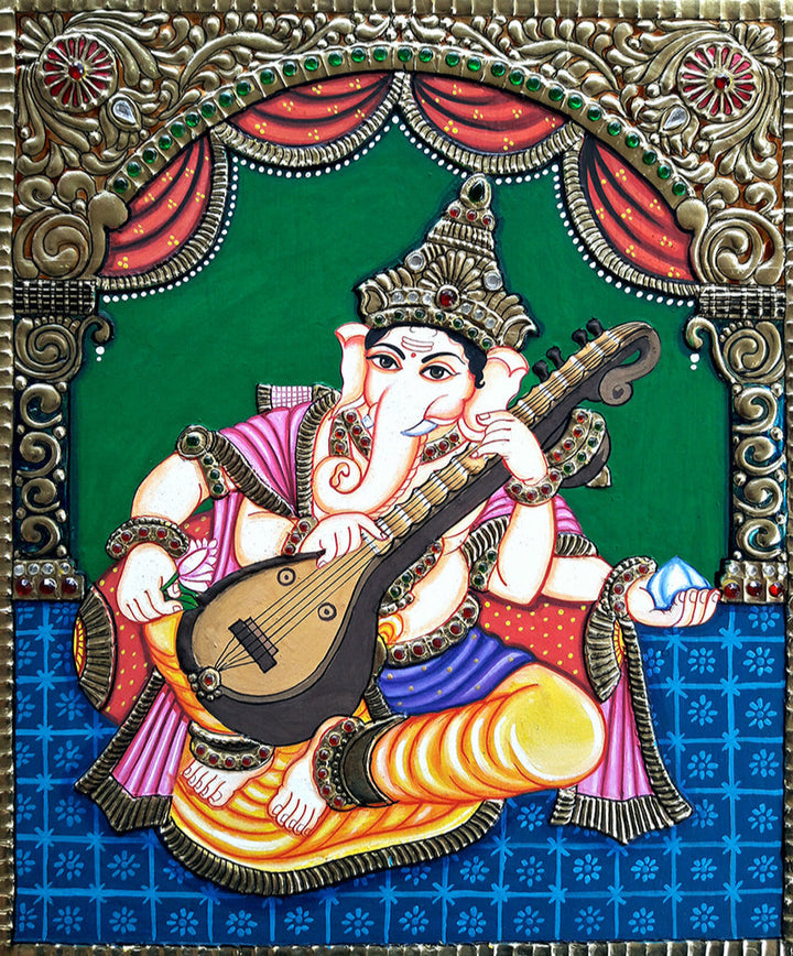 Ganesha playing Sitar, Tanjore Art by Sanjay Tandekar Thumbnail