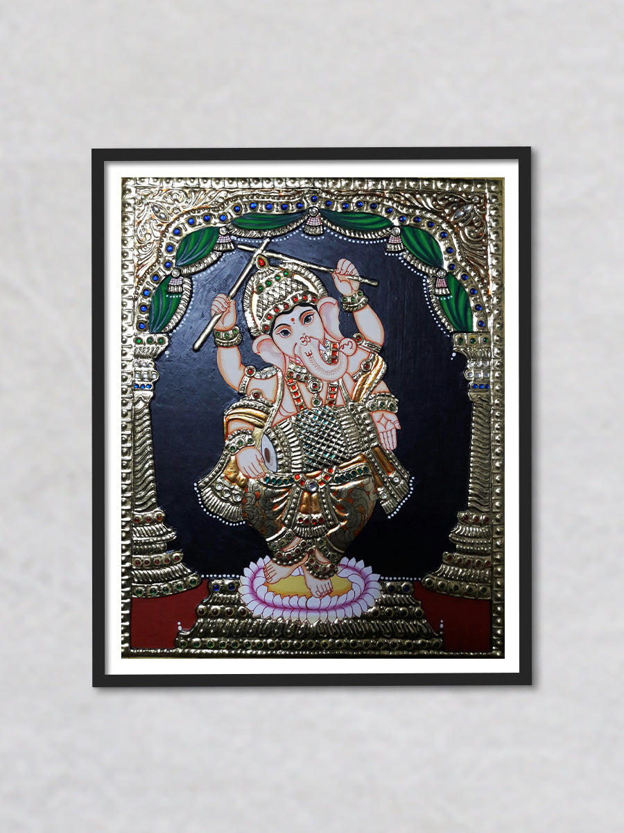 Ganesha playing Dolok, Tanjore Painting by Sanjay Tandekar