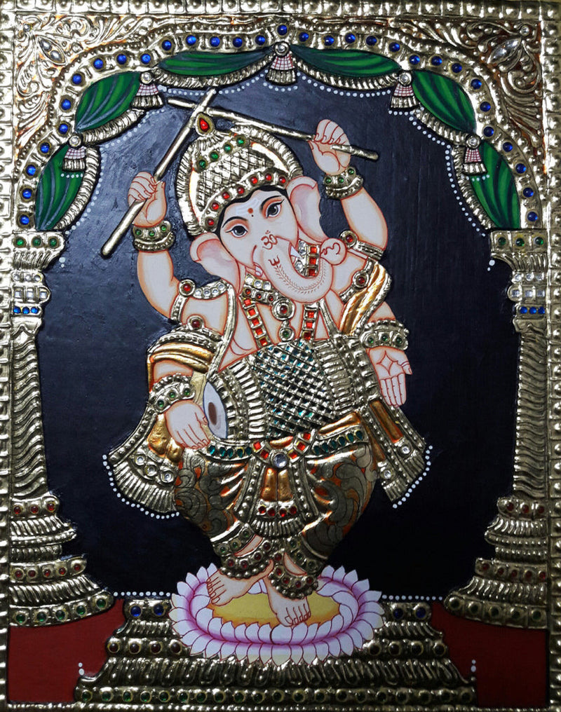 Buy Ganesha playing Dolok, Tanjore Painting by Sanjay Tandekar