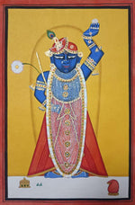 Celestial Strength: Shrinath Ji's Majestic Triumph, Pichwai Painting by Mohan Prajapati