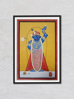 Celestial Strength: Shrinath Ji's Majestic Triumph, Pichwai Painting by Mohan Prajapati