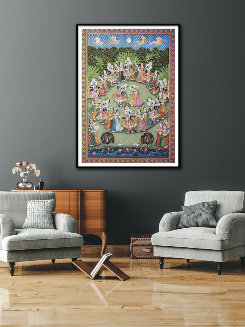 Glorious Dance of Lord Krishna:Pichwai painting by Jayesh Sharma for sale