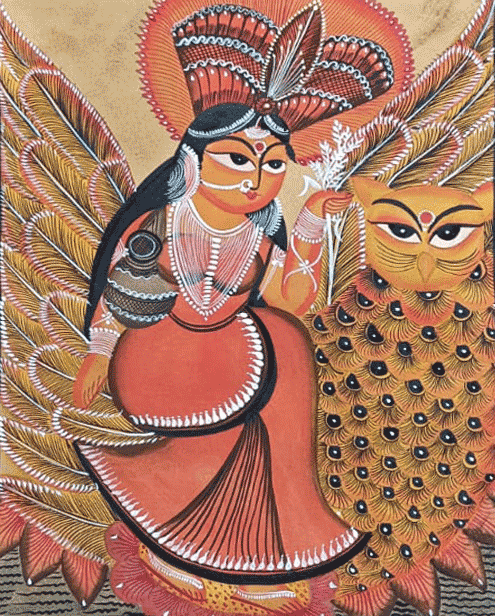 Goddess Lakshmi seated on owl in Kalighat by Hasir Chitrakar Thumbnail