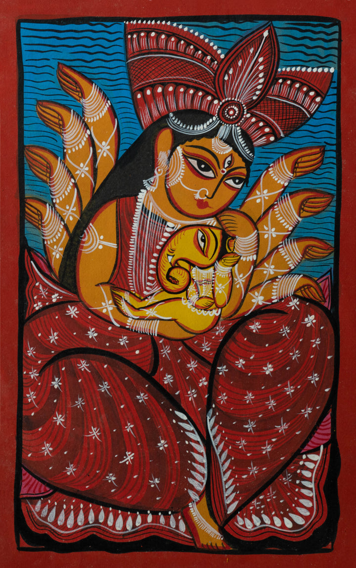 Goddess Parvati with baby Ganesha in Bengal Pattachitra by Manoranjan Chitrakar Thumbnail