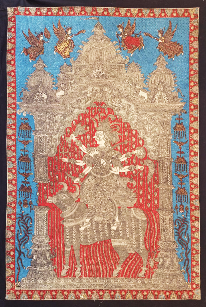 Goddess Sagat Against Red Background Mata Ni Pachedi By Vasant Manubhai Chitara For Home Decor Thumbnail