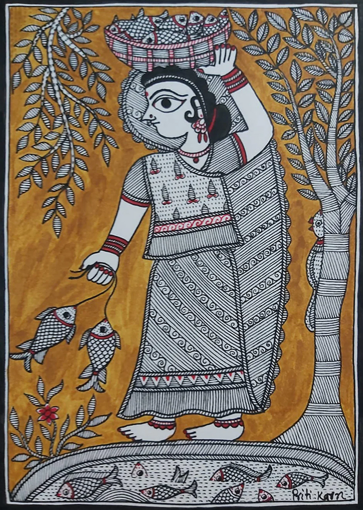Madhubani painting of Goddess in Fishing by Priti Karn Thumbnail