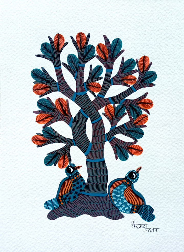 Nature's Harmony:  Tree and birds in Gond art by Kailash Pradhan Thumbnail