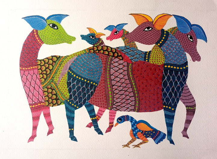Deer in the Wild: A Gond Painting by Kailash Pradhan Thumbnail