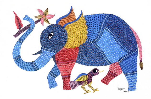 The Vibrant Nature: The Majestic Elephant and Bird in Gond by Kailash Pradhan Thumbnail