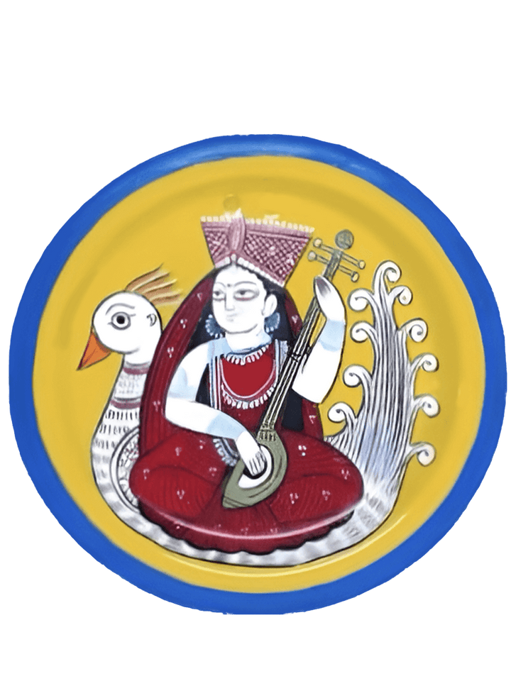 Guardian of intelligence: Goddess Saraswati in Bengal pattachitra Plate art by Manoranjan Chitrakar Thumbnail