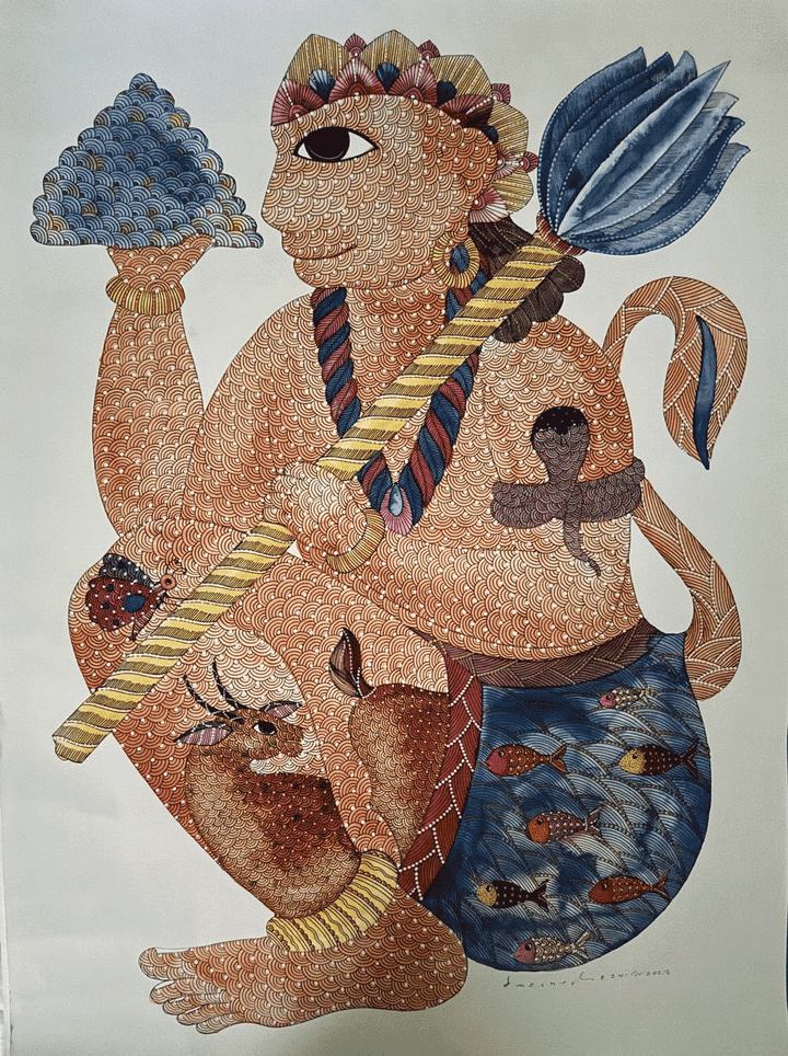 Lord Hanuman with Sanjeevani Booti and Mace in Goond Painting by Venkat Shyam Thumbnail