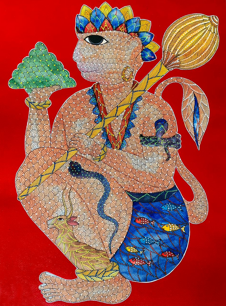 Lord Hanuman's Valour in Gond Painting by Venkat Shyam Thumbnail