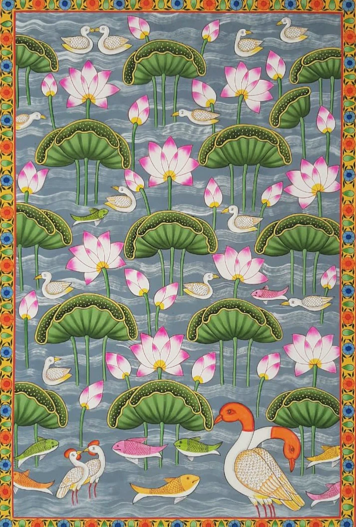 Kamal Talai and Swans in Harmony in Pichwai by Shehzaad Ali Sherani Thumbnail