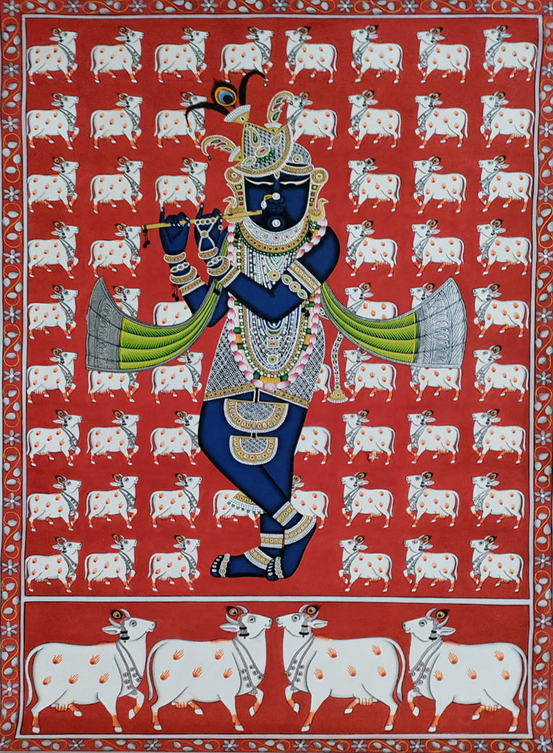 Buy Harmonious Devotion Pichwai Painting of Shrinathji with Flute by Dinesh Soni