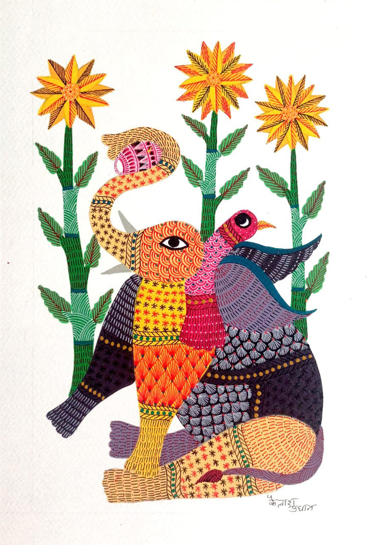Elephant and Bird in Sunflower Field: A Gond Painting by Kailash Pradhan Thumbnail