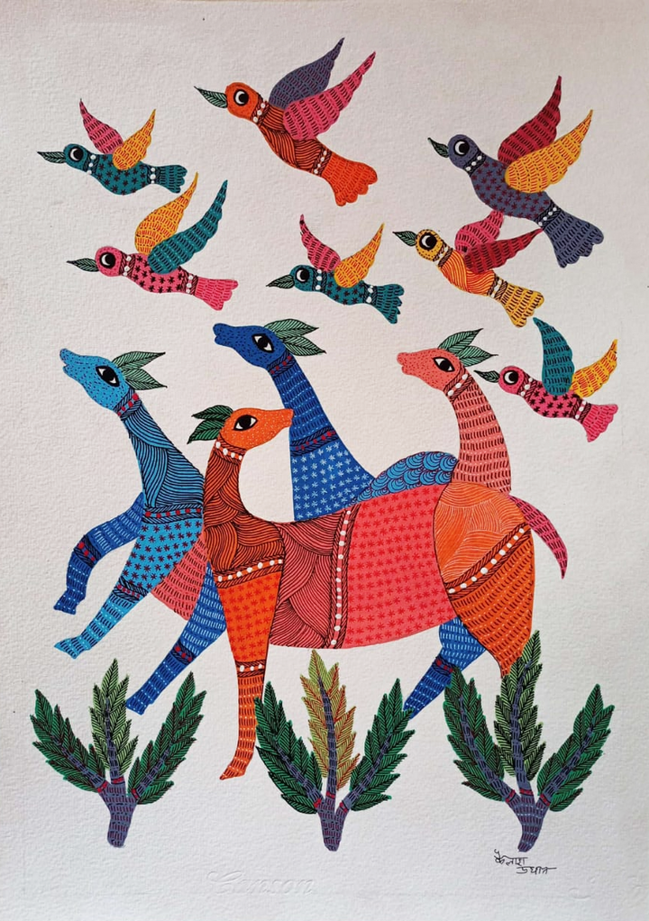 Harmony in Hues: Deer, birds and plants in Gond by Kailash Pradhan Thumbnail