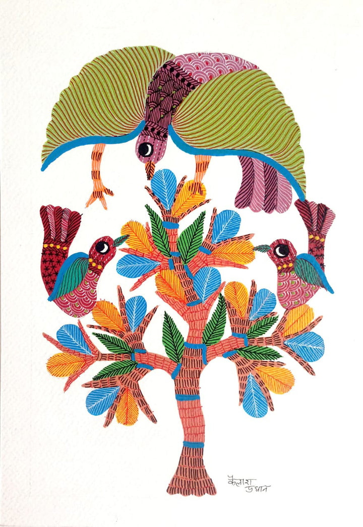 Nature's Abode: Birds and Tree in Gond by Kailash Pradhan Thumbnail
