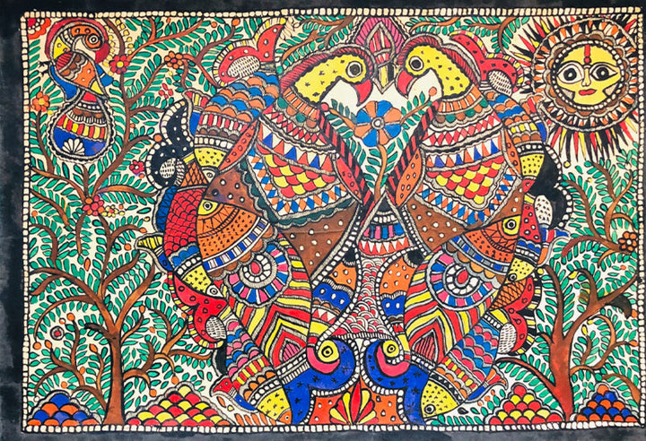 Harmony of Wings and Fins: Nature's Symbiosis, Madhubani by Ambika devi Thumbnail