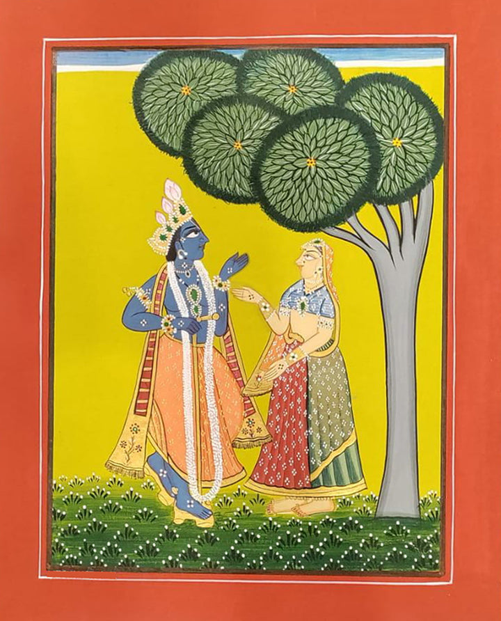 Heavenly Harmony: Radha and Krishna in Divine Embrace Basohli Painting by Aastha Billowria  & Shivakshi Sharma Thumbnail