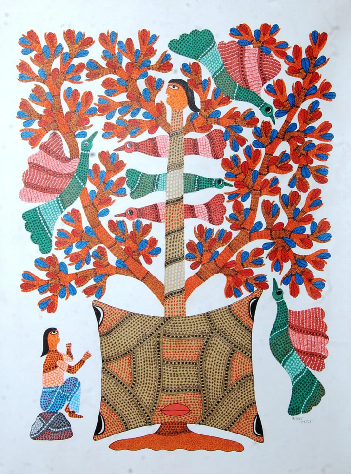 In Devotion of Bada Dev and Saja Tree: A Gond Painting by Kailash Pradhan Thumbnail