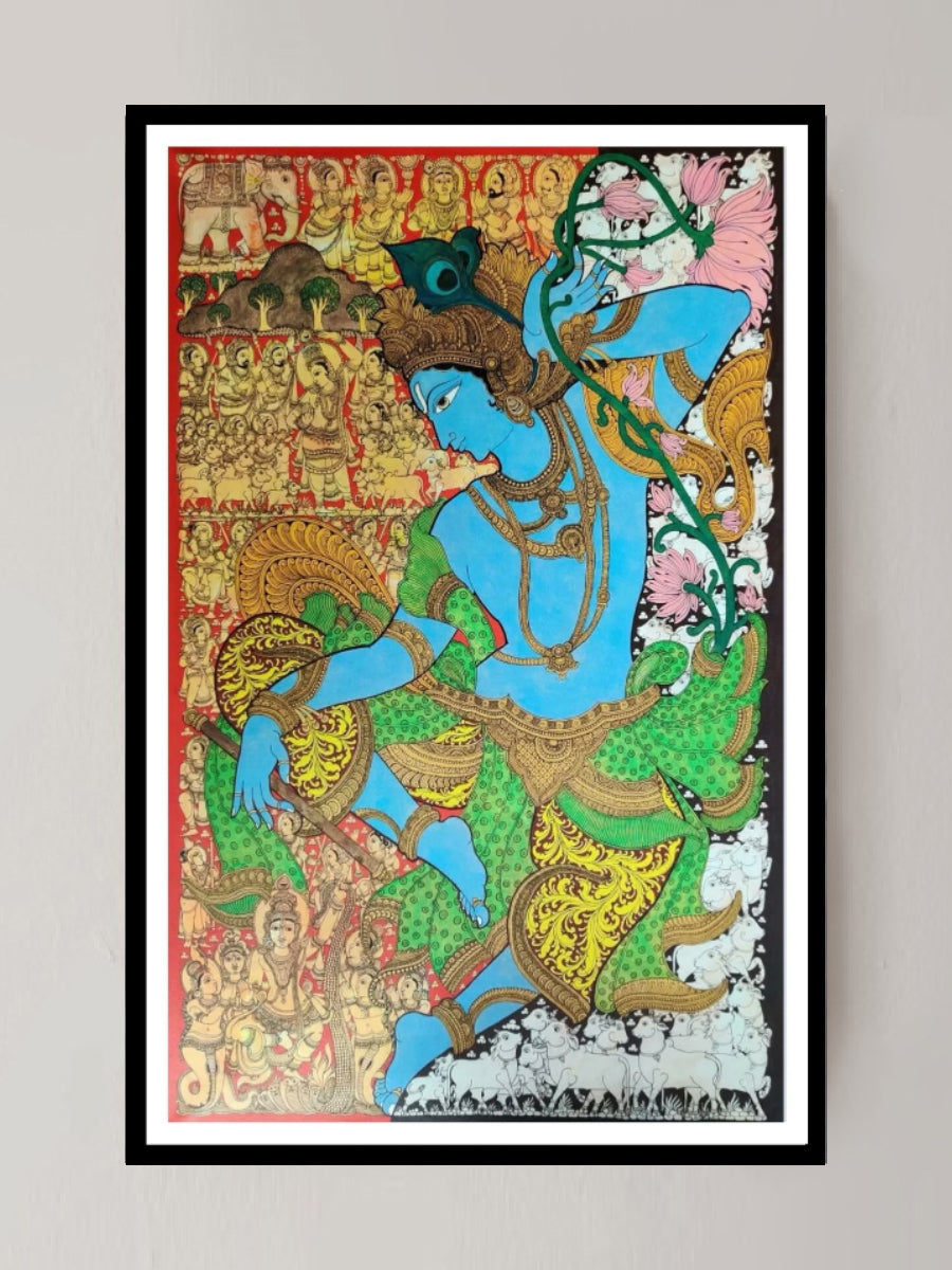 Dancing Krishna With Cows : Kalamkari painting by Harinath.N for sale