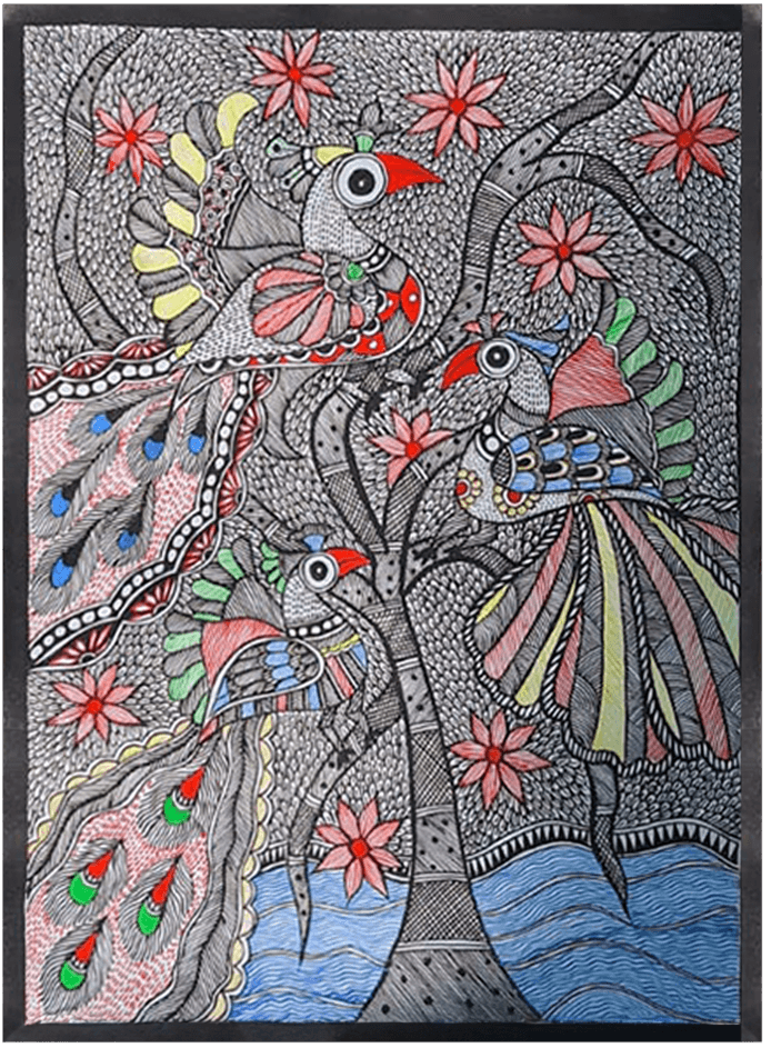 Image of a tree with birds and water stream: Madhubani by Vibhuti Nath Thumbnail