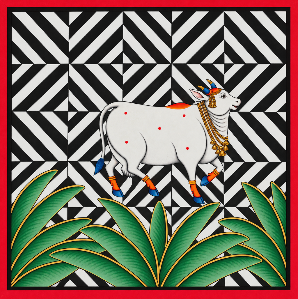 A Cow and Banana Leaves: Diagonal Geometric Lattice Background in Pichwai by Naveen Soni Thumbnail