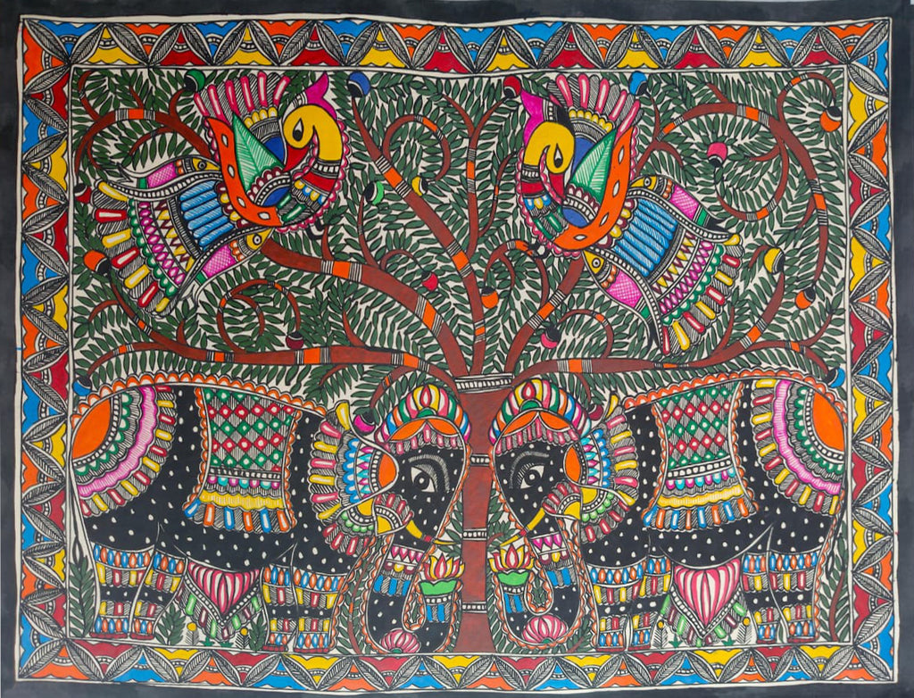 Elephants in the forest in Madhubani by Ambika Devi Thumbnail
