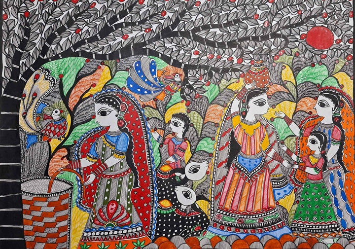 Imagery of rural chores in Madhubani painting by Vibhuti Nath Thumbnail