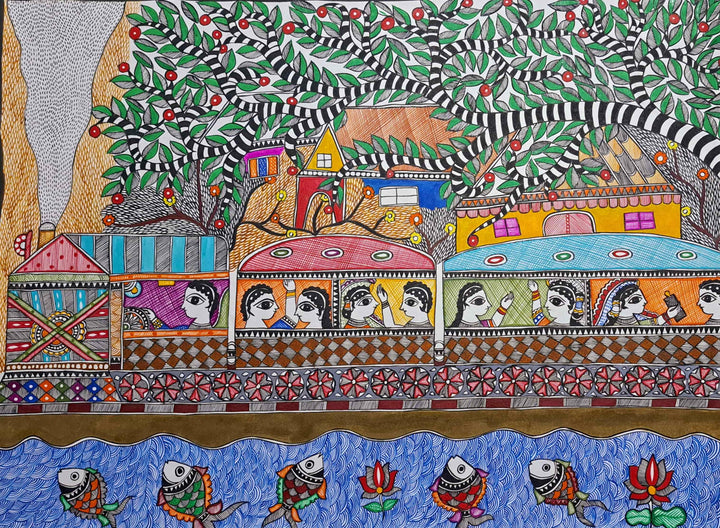 Imagery of train journey under a tree: Madhubani by Vibhuti Nath Thumbnail
