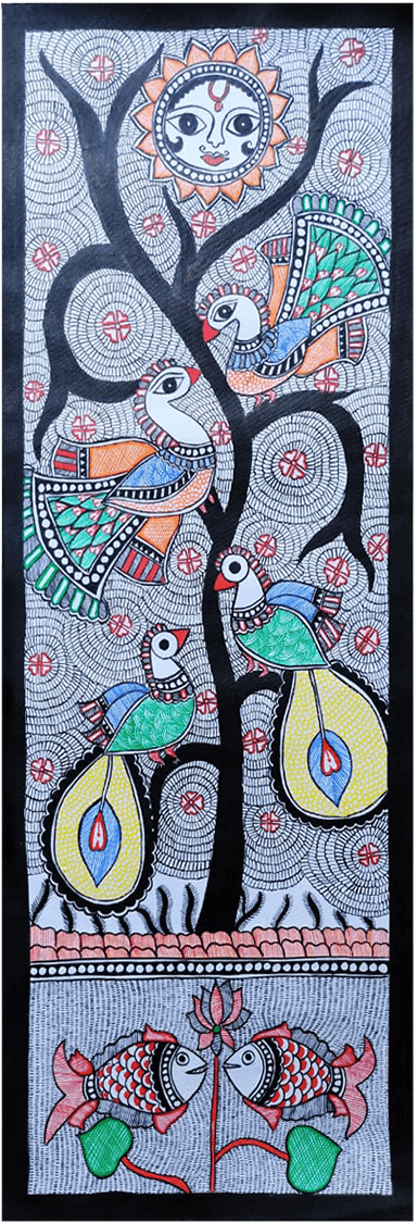Imagery of tree with birds and pond possessing grey background: Madhubani by Vibhuti Nath Thumbnail