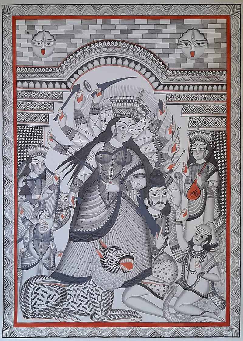 Buy In Shades of Valor: A Kalighat Painting of Mahishasur Mardini by Uttam Chitrakar